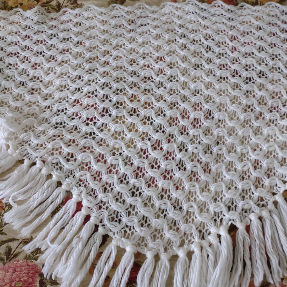 Vintage White Crochet Knit Fringe Shawl Wrap